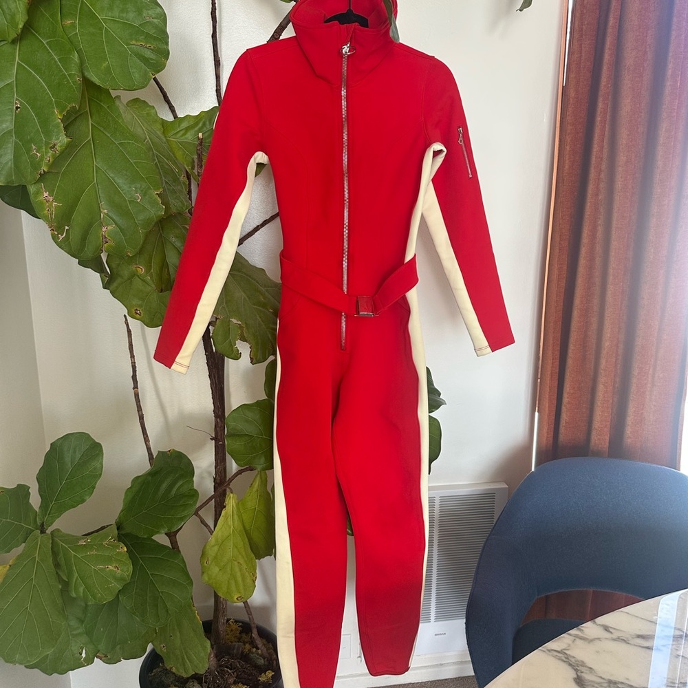Cordova Signature Red Zip-Front Ski Jumpsuit with Cream Side Panels and Belt